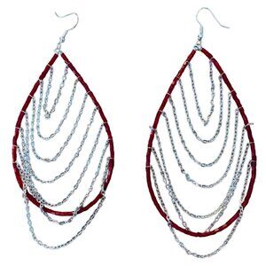 Red Beaded Teardrop Hoop Earrings with Silver Chains Boho Handmade Jewelry 3.5"